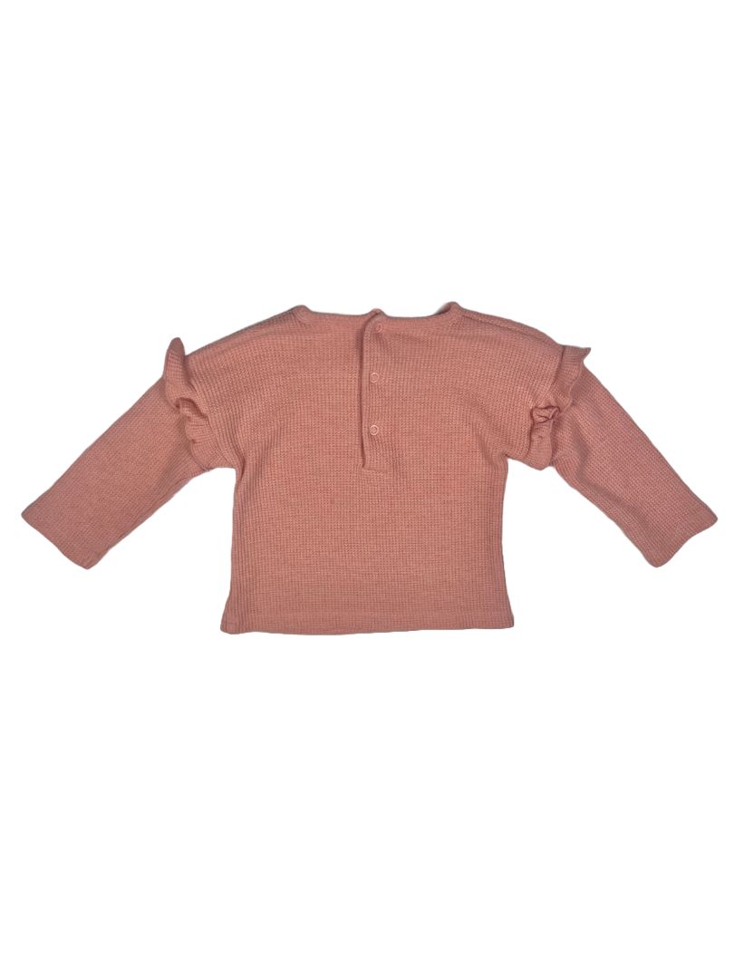 3-6 mo, Bloomie's Baby, Pink, Waffle-knit long-sleeve shirt w/ ruffles at shoulders