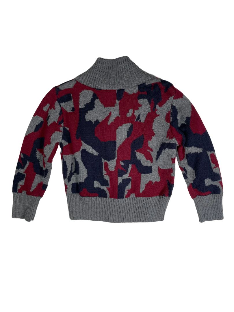 3-6 mo, Peek, Grey, NEW w/ tags - Jacquard zip-up camo sweater, navy/burgundy