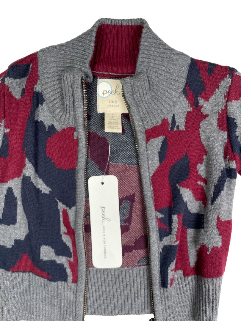 3-6 mo, Peek, Grey, NEW w/ tags - Jacquard zip-up camo sweater, navy/burgundy