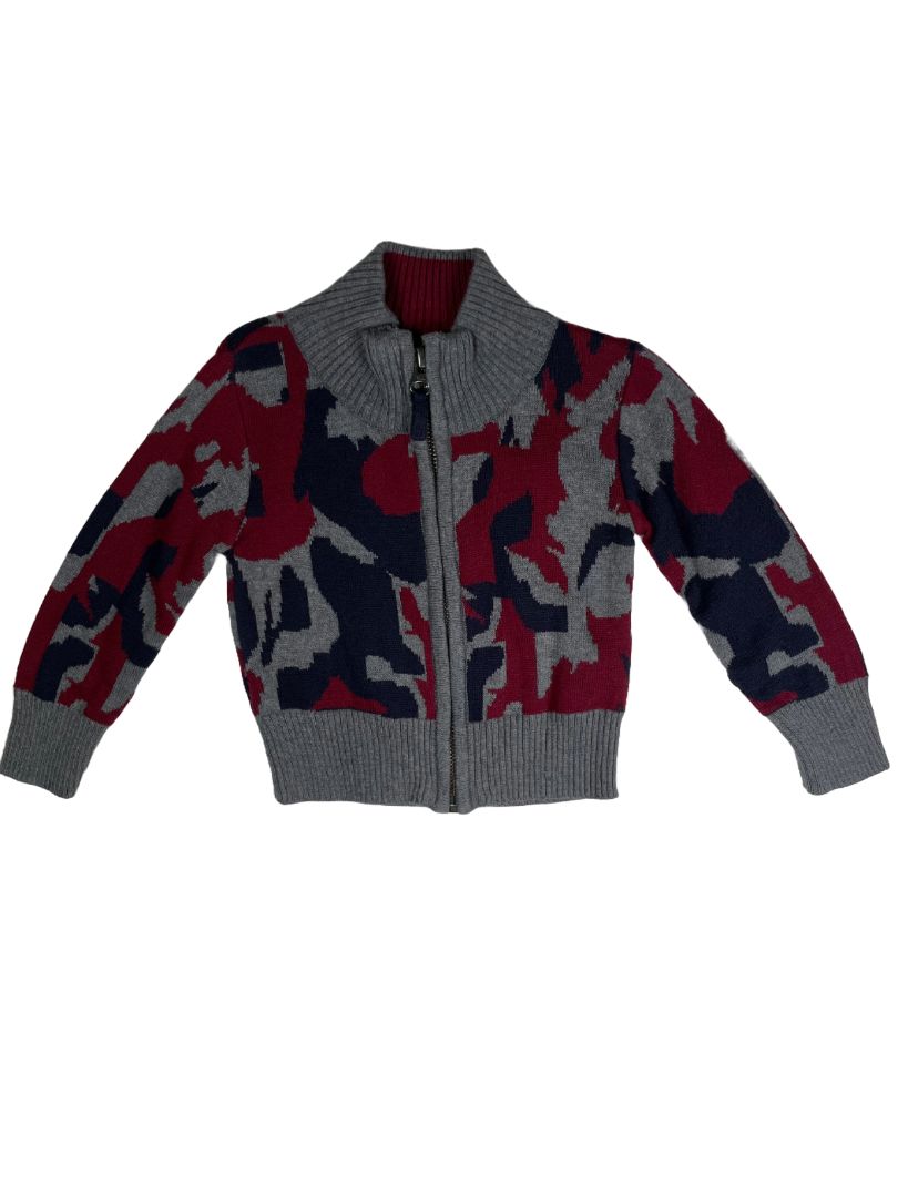 3-6 mo, Peek, Grey, NEW w/ tags - Jacquard zip-up camo sweater, navy/burgundy