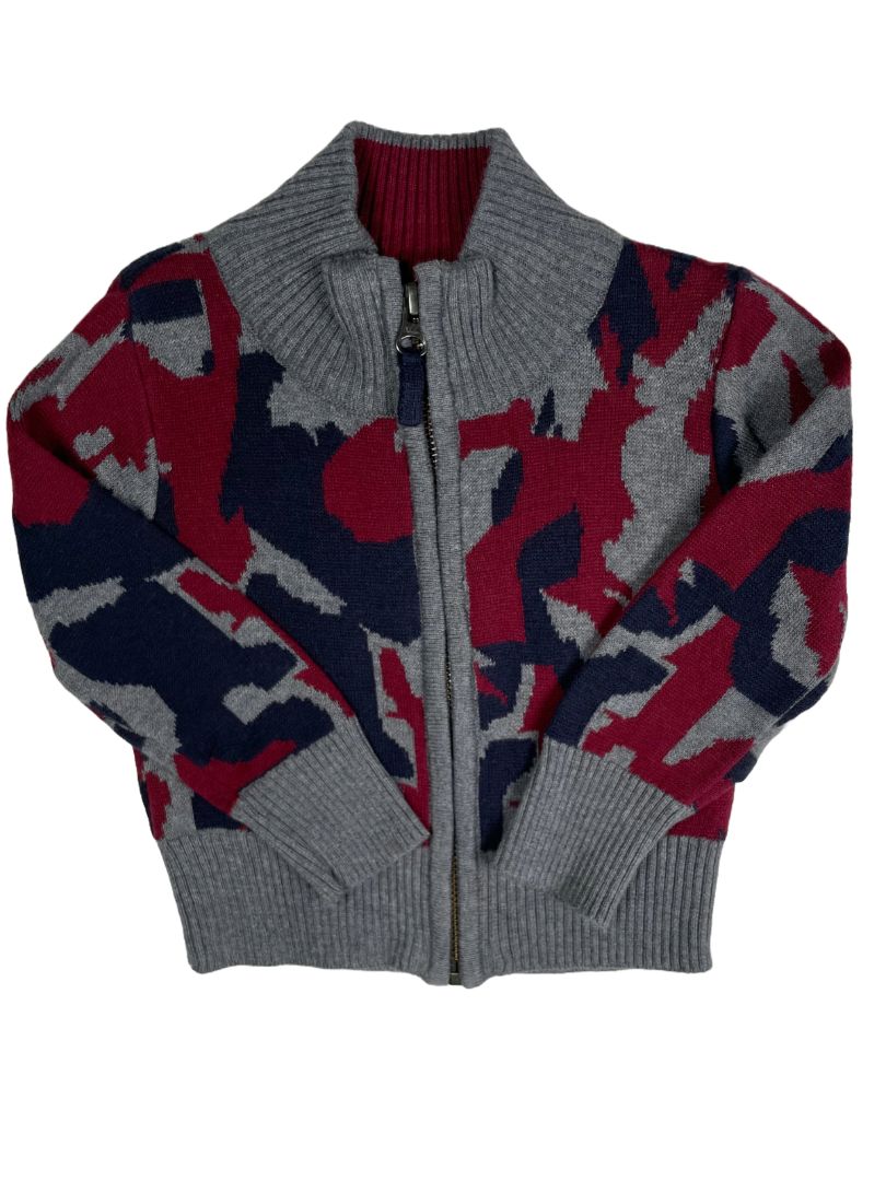 3-6 mo, Peek, Grey, NEW w/ tags - Jacquard zip-up camo sweater, navy/burgundy
