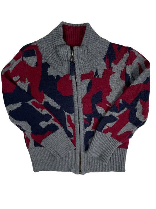 3-6 mo, Peek, Grey, NEW w/ tags - Jacquard zip-up camo sweater, navy/burgundy