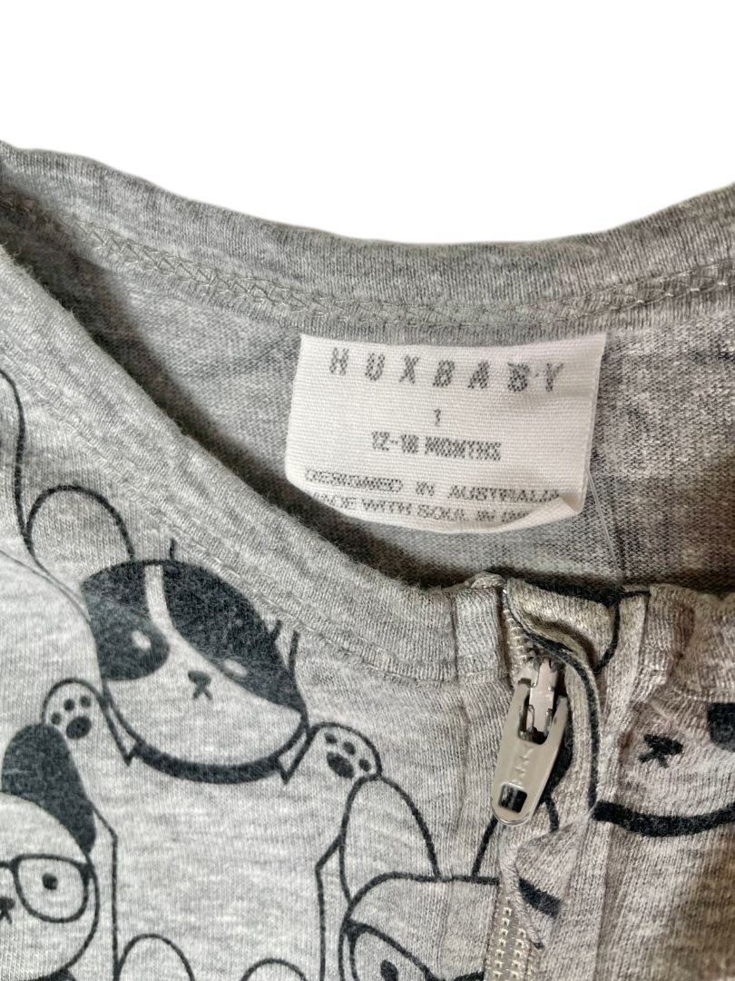 12-18 mo, Huxbaby, Grey, Dog print long-sleeve coverall, 2-way zip, black
