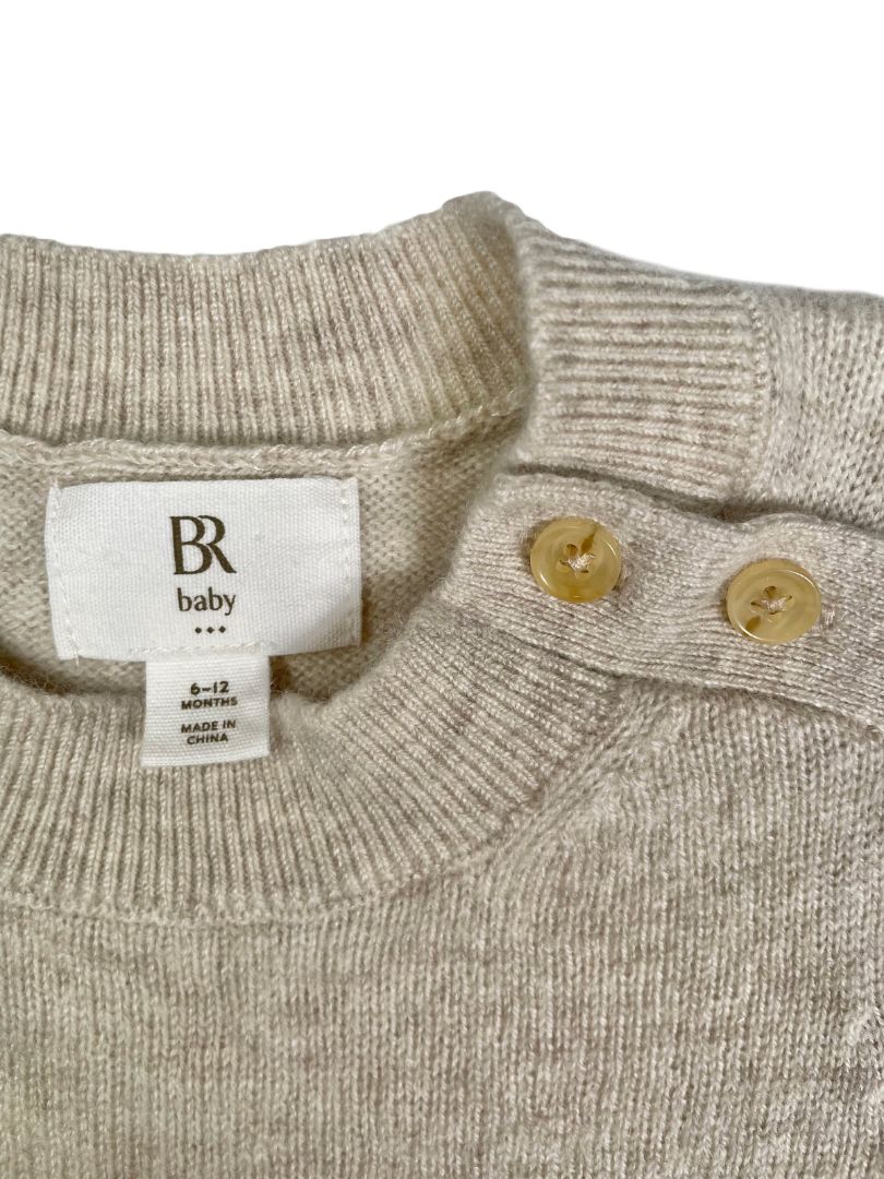 6-12 mo, BR Baby (Banana Republic), Neutral, Long-sleeve merino wool + cashmere sweater dress, buttons at shoulder