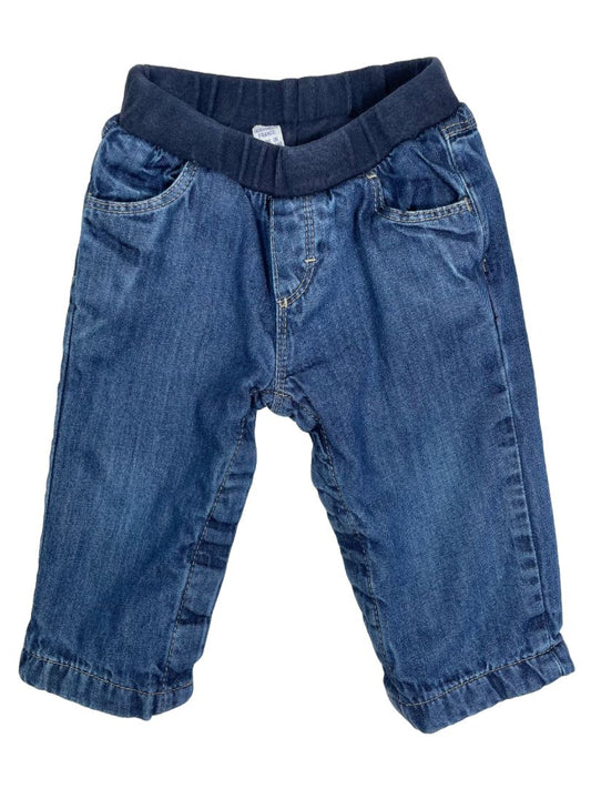6 mo, Petit Bateau, Blue, Cotton-lined pull-on jeans, snap legs