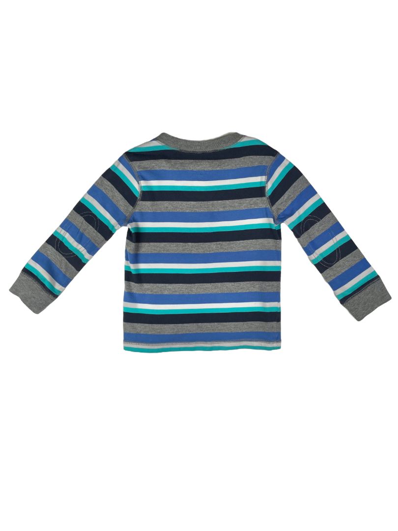 2/2T, OshKosh B'Gosh, Grey, Blue and teal striped long-sleeve henley shirt, stitched elbows
