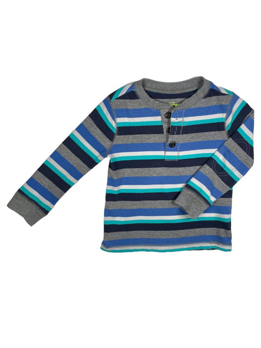 2/2T, OshKosh B'Gosh, Grey, Blue and teal striped long-sleeve henley shirt, stitched elbows