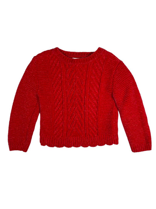 3/3T, Tommy Bahama, Red, Cable knit chenille sweater, scallop hem