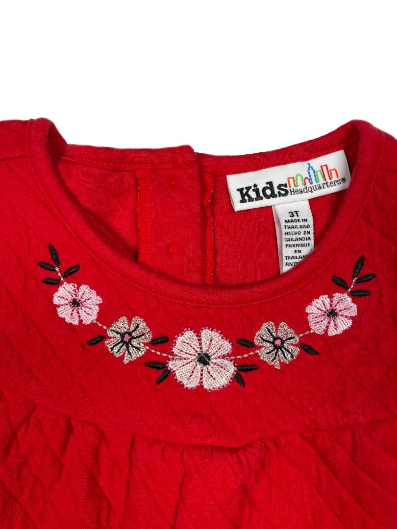 3/3T, Kids Headquarters, Red, Long-sleeve quilted shirt, embroidered flowers at yoke