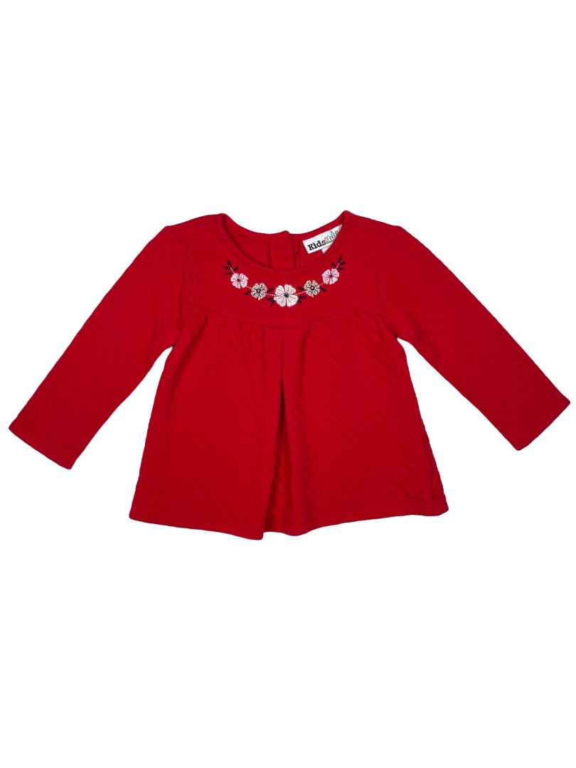 3/3T, Kids Headquarters, Red, Long-sleeve quilted shirt, embroidered flowers at yoke