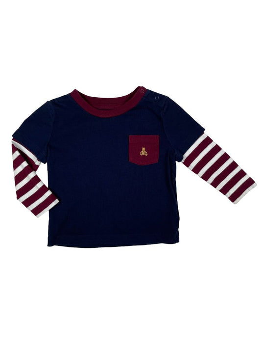 12-18 mo, babyGap, Blue, Layered t-shirt, purple/white striped long sleeves, pocket