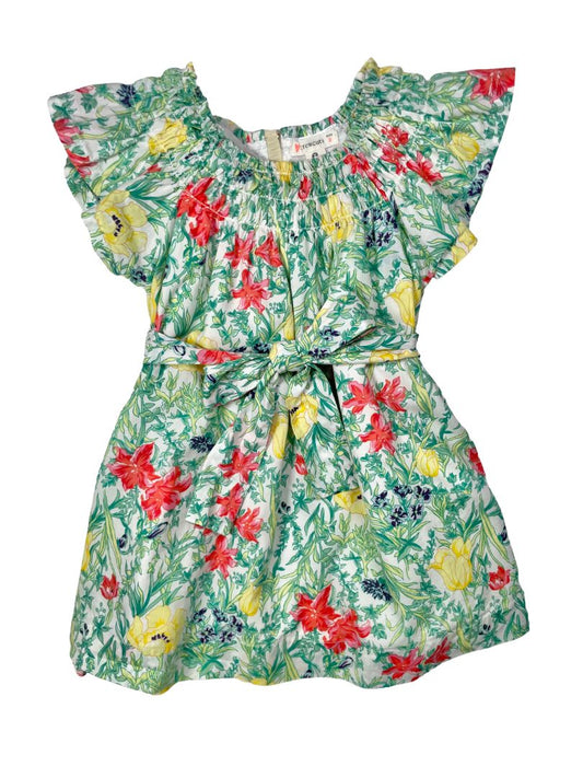 2/2T, J.Crew Crewcuts, Green, Red/yellow floral flutter-sleeve dress w/ smocked neckline, waist tie