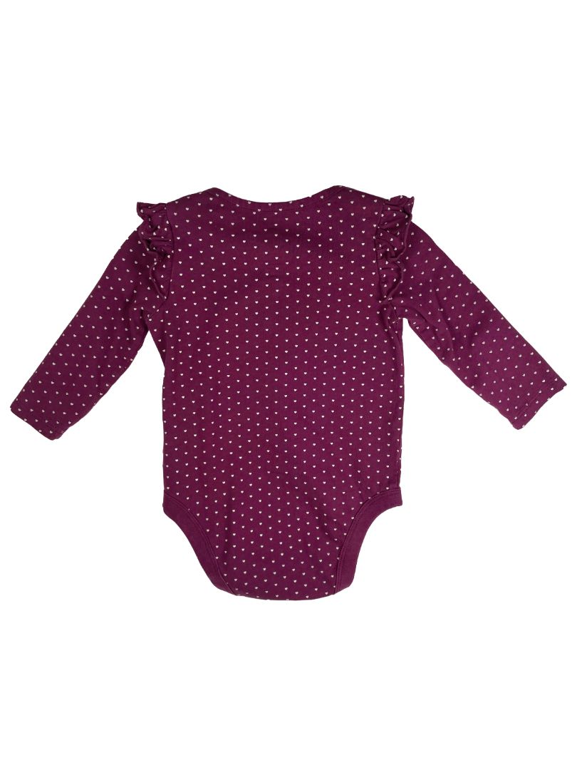 6-12 mo, babyGap, Purple, Mini heart pattern long-sleeve bodysuit w/ ruffles at shoulders