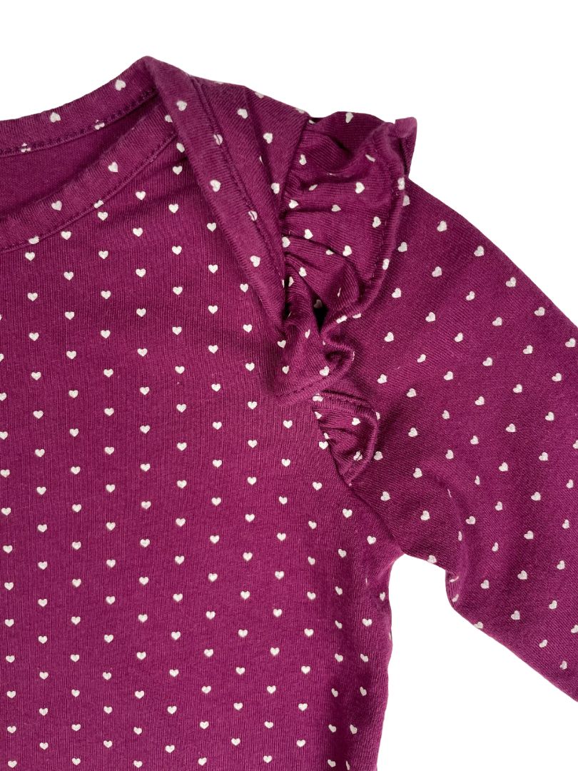 6-12 mo, babyGap, Purple, Mini heart pattern long-sleeve bodysuit w/ ruffles at shoulders