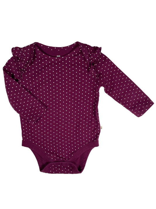 6-12 mo, babyGap, Purple, Mini heart pattern long-sleeve bodysuit w/ ruffles at shoulders