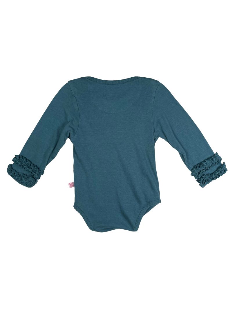 12-18 mo, Ruffle Butts, Blue, Long-sleeve bodysuit, ruffles on cuffs
