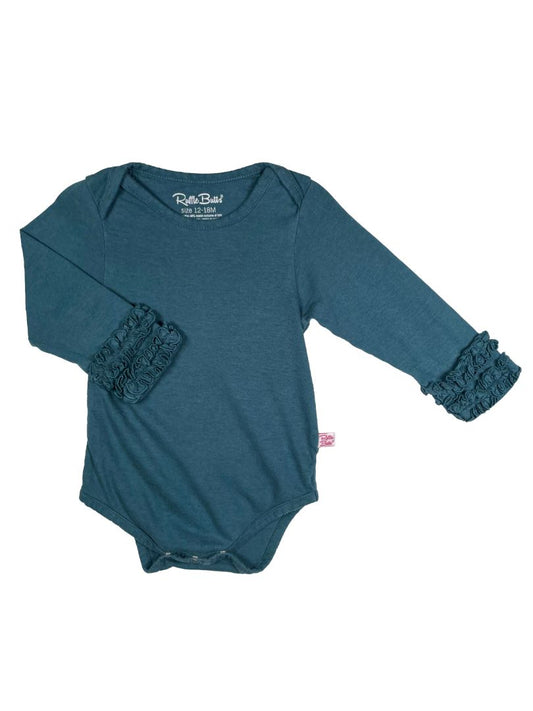 12-18 mo, Ruffle Butts, Blue, Long-sleeve bodysuit, ruffles on cuffs