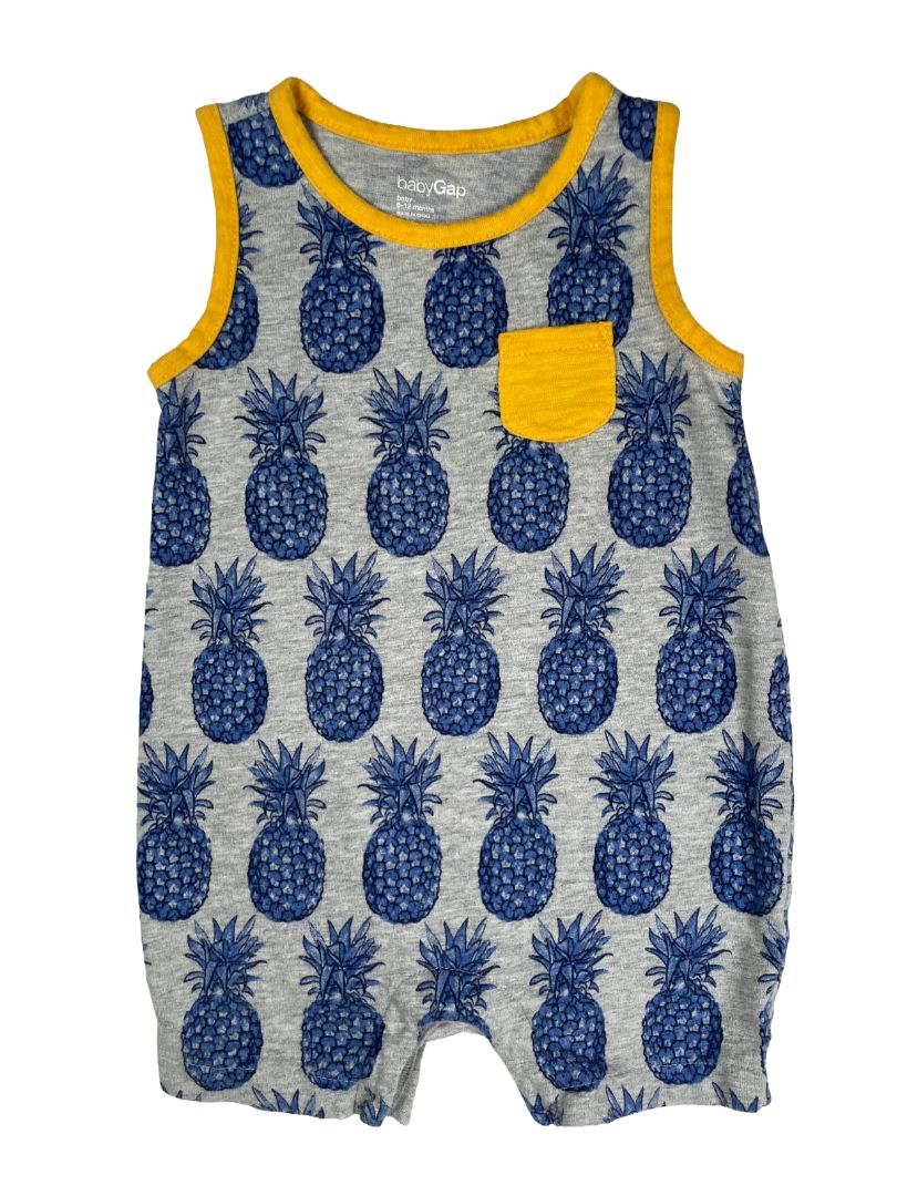 6-12 mo, babyGap, Grey, Blue pineapple sleeveless romper, yellow piping and pocket