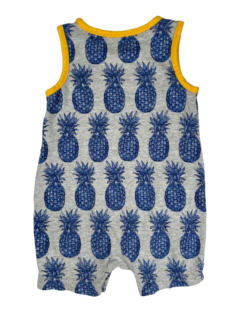 6-12 mo, babyGap, Grey, Blue pineapple sleeveless romper, yellow piping and pocket