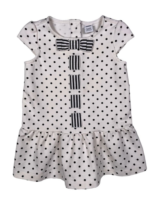6-12 mo, Janie and Jack, White, Black polka dot cap-sleeve, drop-waist dress, striped bow and ribbon detail
