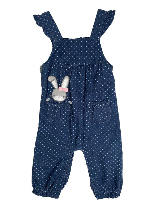 12-18 mo, Gymboree, Blue, Pink polka dot corduroy coverall, ruffle adjustable straps, bunny in pocket, snap legs