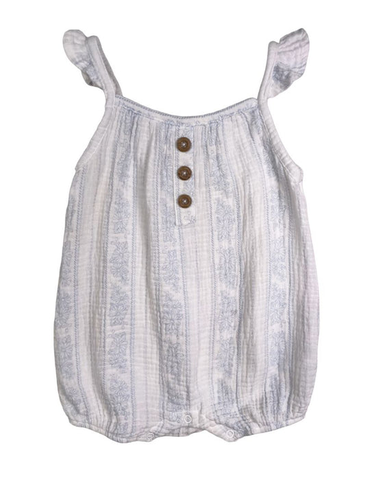 12 mo, Emily and Oliver, White, Gauzy ruffle strap romper, blue florals and verticals stripes