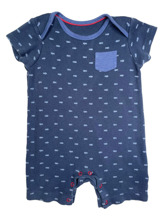 9-12 mo, Mothercare, Blue, Light blue fish print romper, pocket