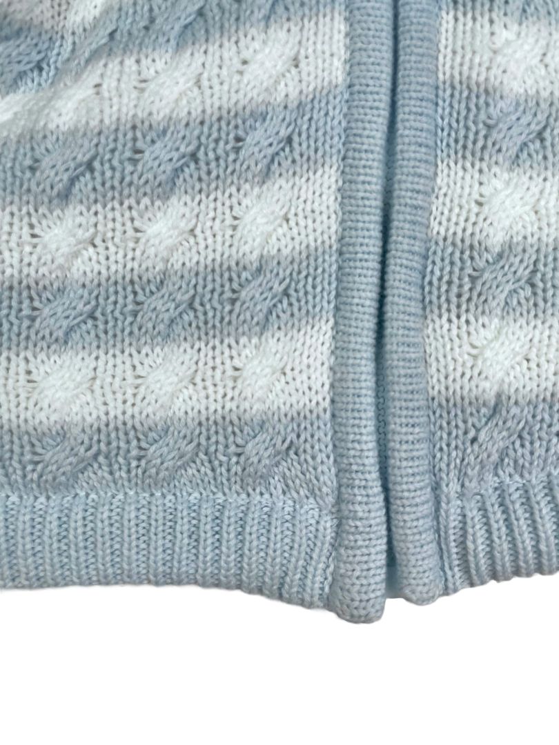 6-12 mo, Angel Dear, White, NEW w/ tags - Light blue striped cable-knit zip-up hooded sweater, sherpa lined
