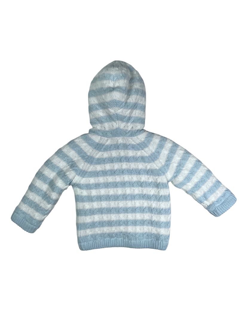 6-12 mo, Angel Dear, White, NEW w/ tags - Light blue striped cable-knit zip-up hooded sweater, sherpa lined