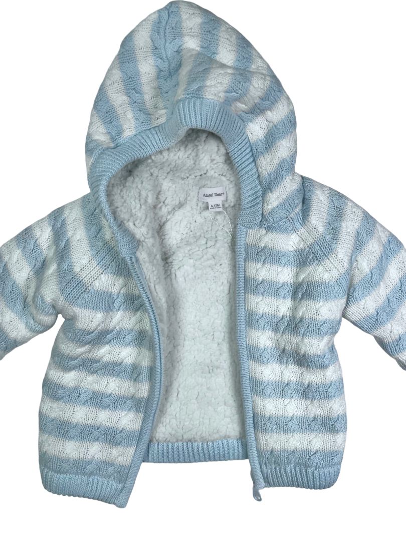 6-12 mo, Angel Dear, White, NEW w/ tags - Light blue striped cable-knit zip-up hooded sweater, sherpa lined