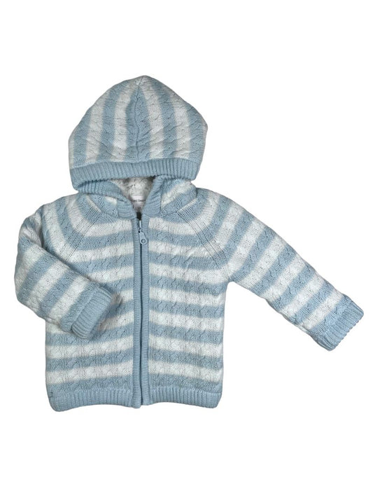 6-12 mo, Angel Dear, White, NEW w/ tags - Light blue striped cable-knit zip-up hooded sweater, sherpa lined
