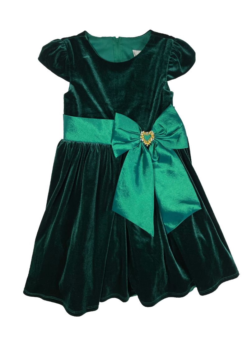 6X, Rare Editions, Green, Cap sleeve velvet dress, large bow with gold/sparkly heart