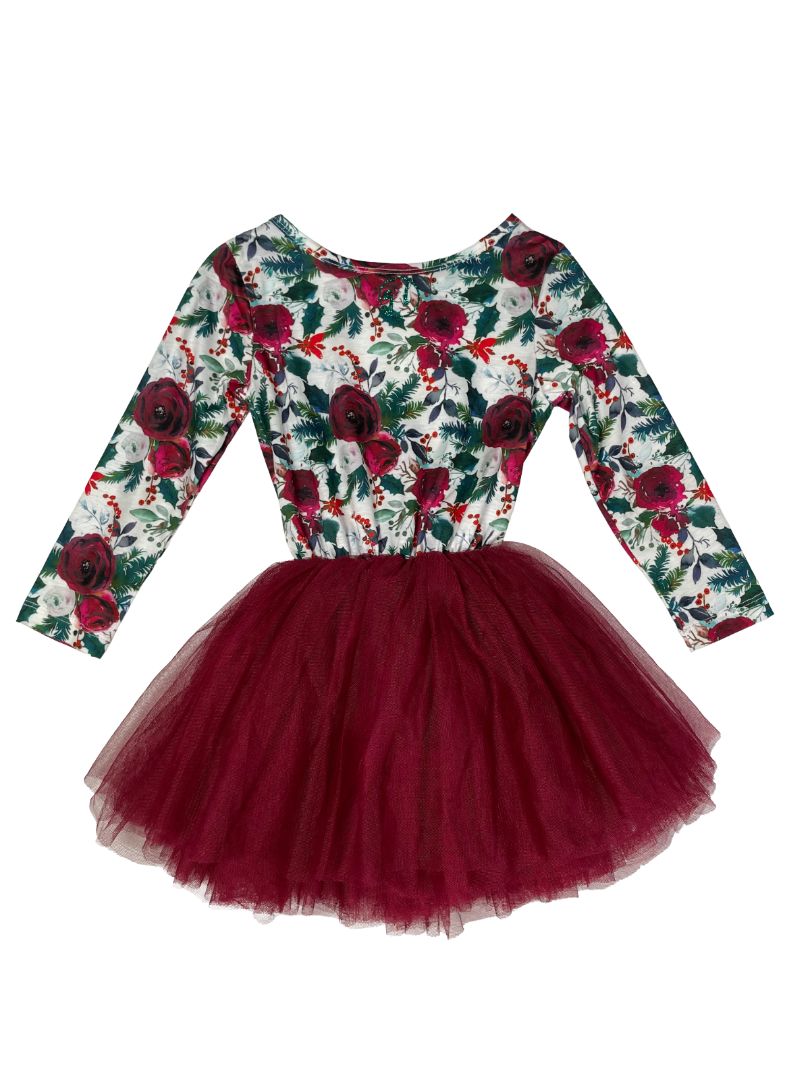 3/3T, Grace + Lucilla, Burgundy, Long-sleeve floral holiday dress, tulle skirt, ribbon bow