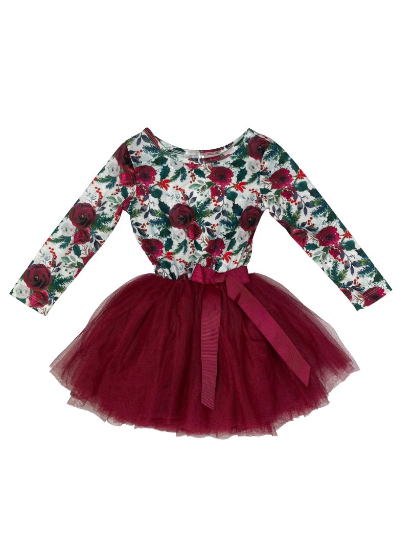3/3T, Grace + Lucilla, Burgundy, Long-sleeve floral holiday dress, tulle skirt, ribbon bow