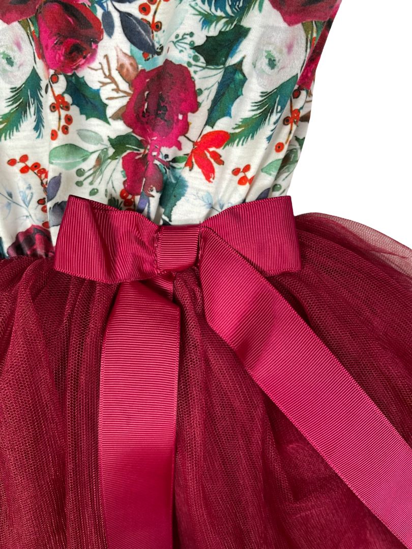 3/3T, Grace + Lucilla, Burgundy, Long-sleeve floral holiday dress, tulle skirt, ribbon bow