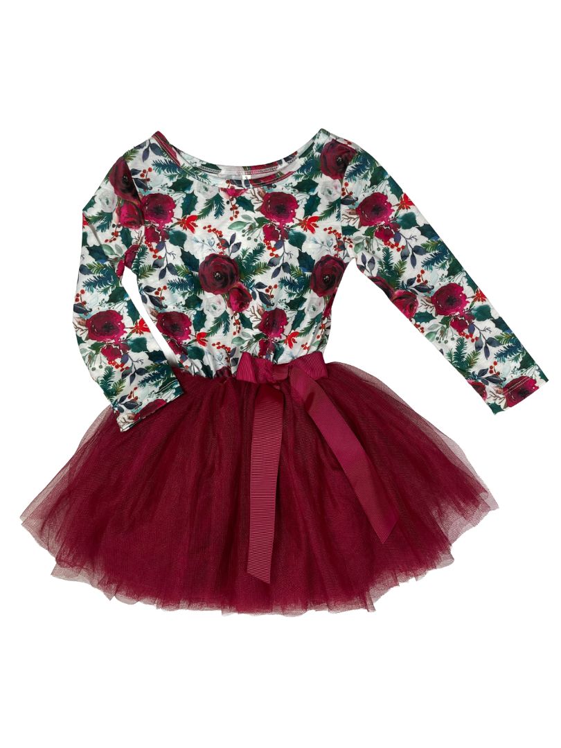 3/3T, Grace + Lucilla, Burgundy, Long-sleeve floral holiday dress, tulle skirt, ribbon bow
