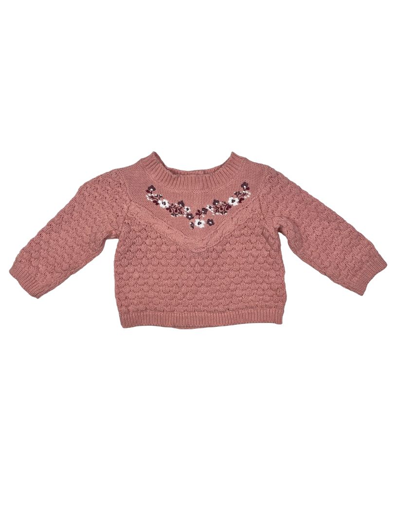 3-6 mo, Nicole Miller, Pink, Knit sweater, embroidered flowers at chest