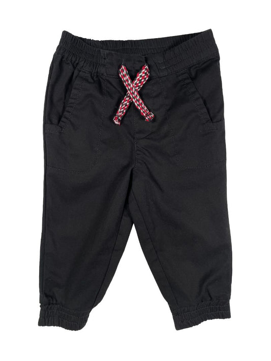 12 mo, TJX, Black, Cotton pull-on pants, decorative red/white tie