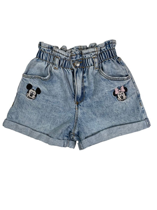 4-5, Zara, Blue,  Mickey & Minnie Mouse paper bag denim shorts, elastic waist + zip/snap
