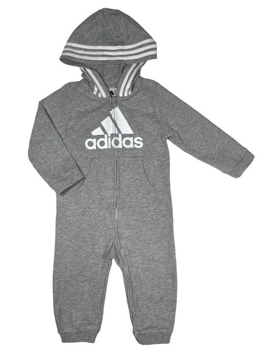 18 mo, Adidas, Grey, Hooded zip-up coverall, white logo and hood stripes