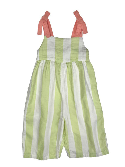 4/4T, Open Edit, Cream, Wide-leg green wide vertical striped pull-on jumpsuit, coral bow straps, pockets