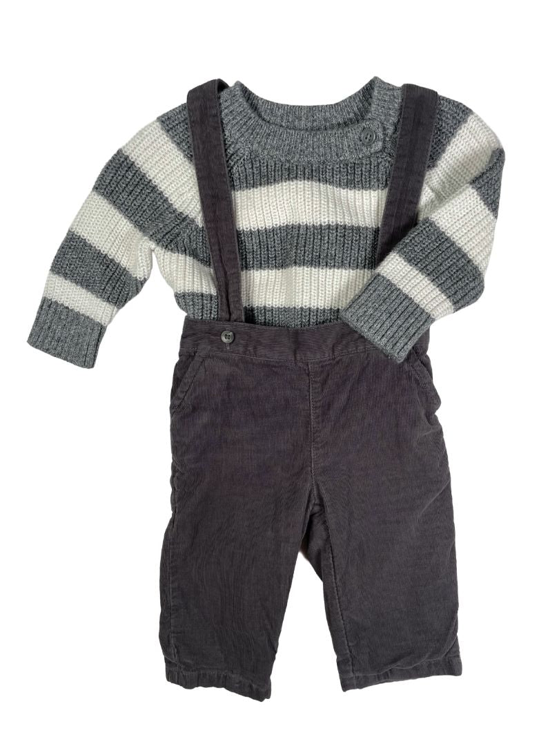 3-6 mo, Janie and Jack, Grey, Corduroy pants, removable cross-strap suspenders