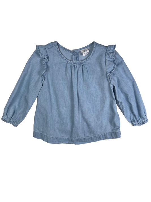 18-24 mo, babyGap, Blue, Chambray long-sleeve shirt, ruffles at shoulders
