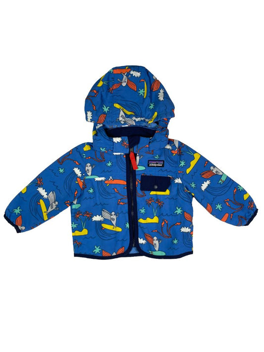 3-6 mo, Patagonia, Blue, Surfing fish zip-up lightweight jacket, removable hood