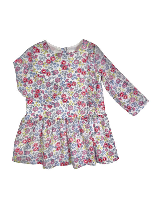 2/2T, babyGap, White, Floral drop-waist, long-sleeve dress w/ side ruffle, blue/pink/yellow