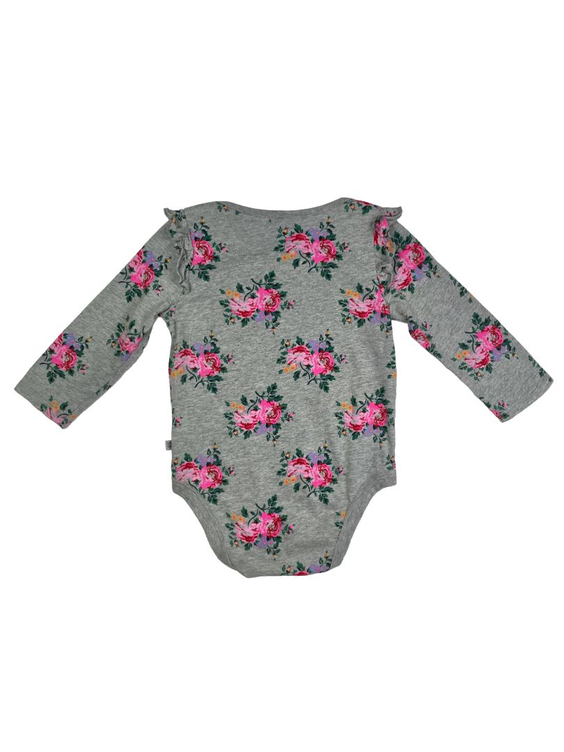 12-18 mo, babyGap, Grey, Floral long-sleeve bodysuit, ruffles at shoulders