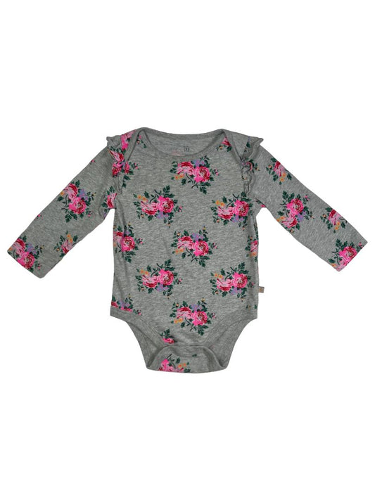 12-18 mo, babyGap, Grey, Floral long-sleeve bodysuit, ruffles at shoulders