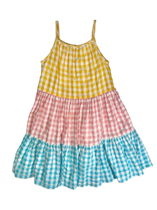 4/4T, Tucker + Tate, White, Tiered gingham spaghetti strap dress, yellow/pink/blue