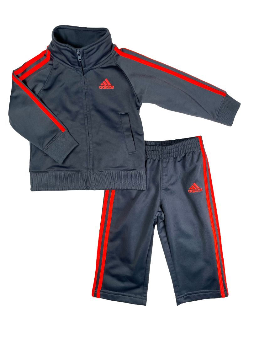 12 mo, Adidas, Grey, Neon stripe track suit, zip-up jacket + pull-on pants SET