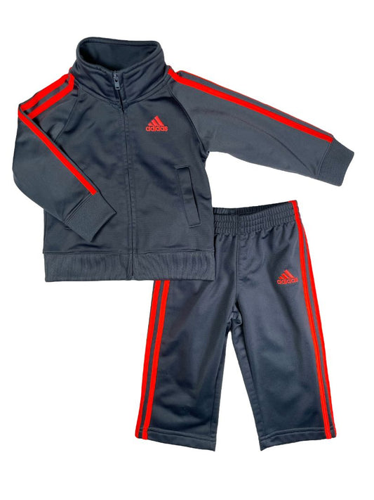 12 mo, Adidas, Grey, Neon stripe track suit, zip-up jacket + pull-on pants SET